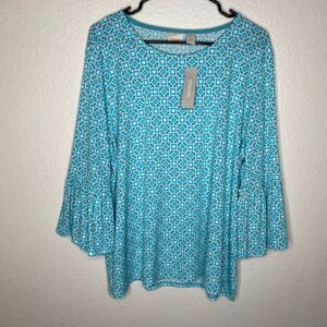 NWT Chicos slinky top blue bell sleeves artsy geometric office career XL 3